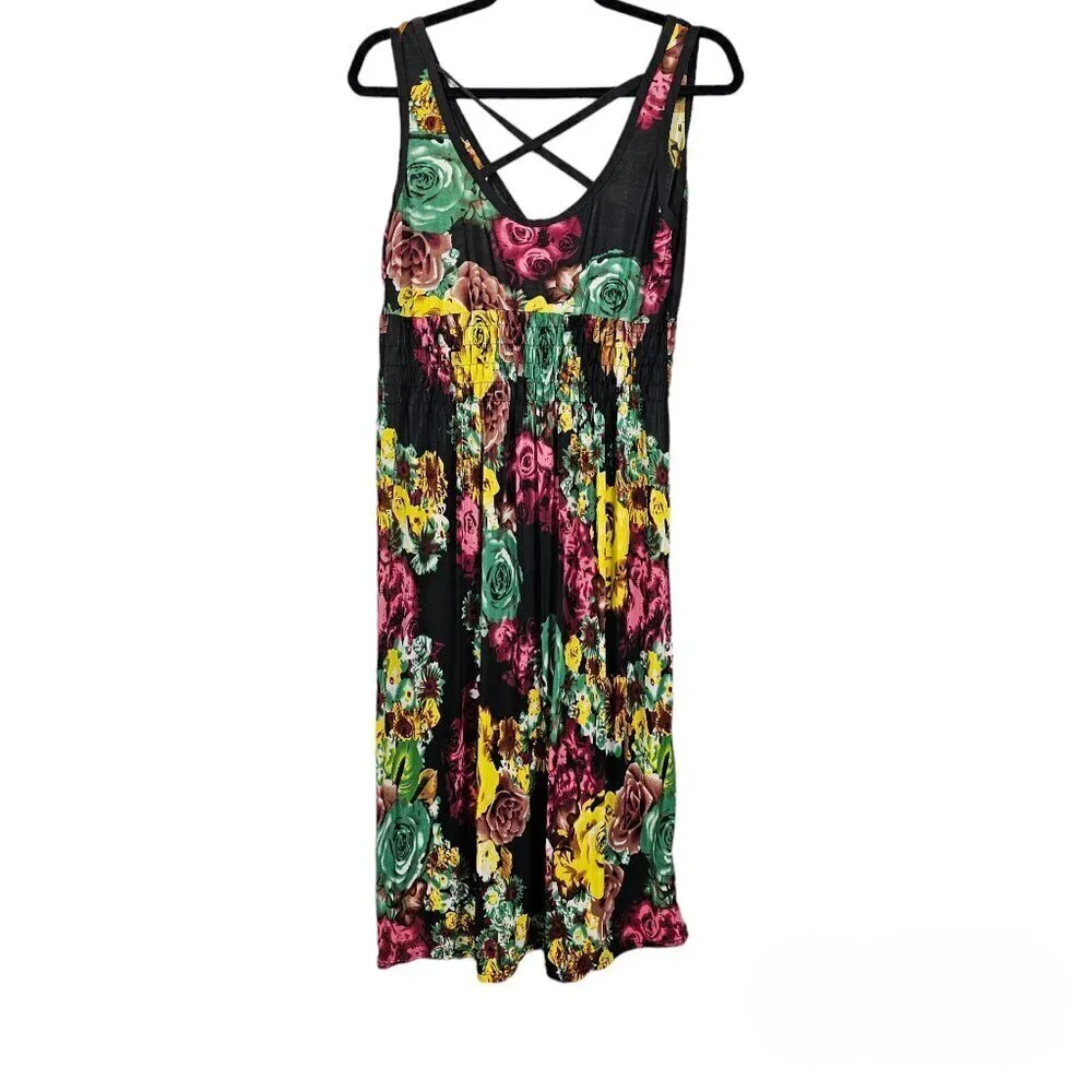 🏆360 V Neck Sleeveless Smocked Floral Midi Dress - Picture 5 of 6